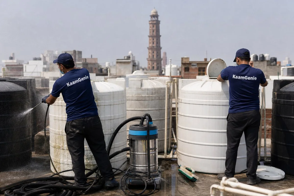 KaamGenie crew cleaning a society water tank in Hastsal, Delhi