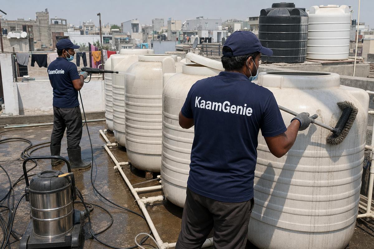 KaamGenie crew cleaning a society water tank in Hauz Rani, Delhi