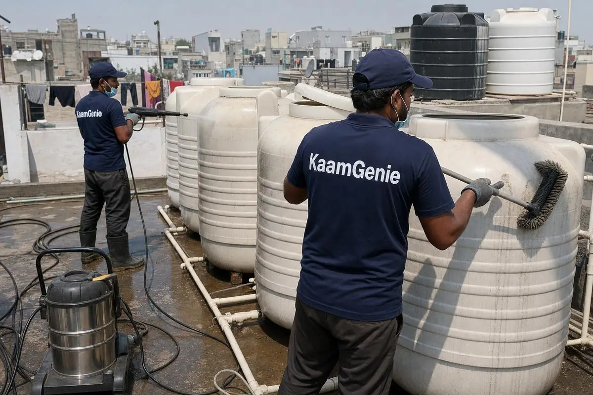 KaamGenie crew cleaning a society water tank in Hauz Rani, Delhi