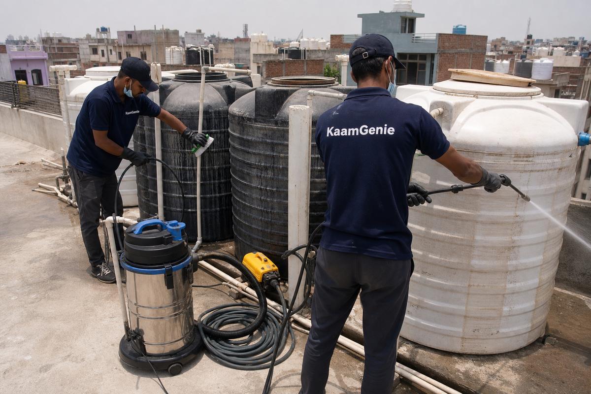 KaamGenie crew cleaning a society water tank in Himmatpuri, Delhi