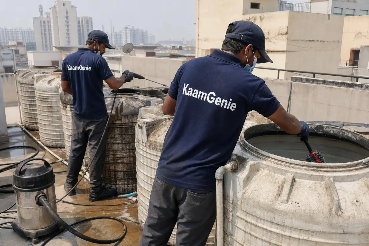 KaamGenie crew cleaning a society water tank in HUDCO Place, Delhi