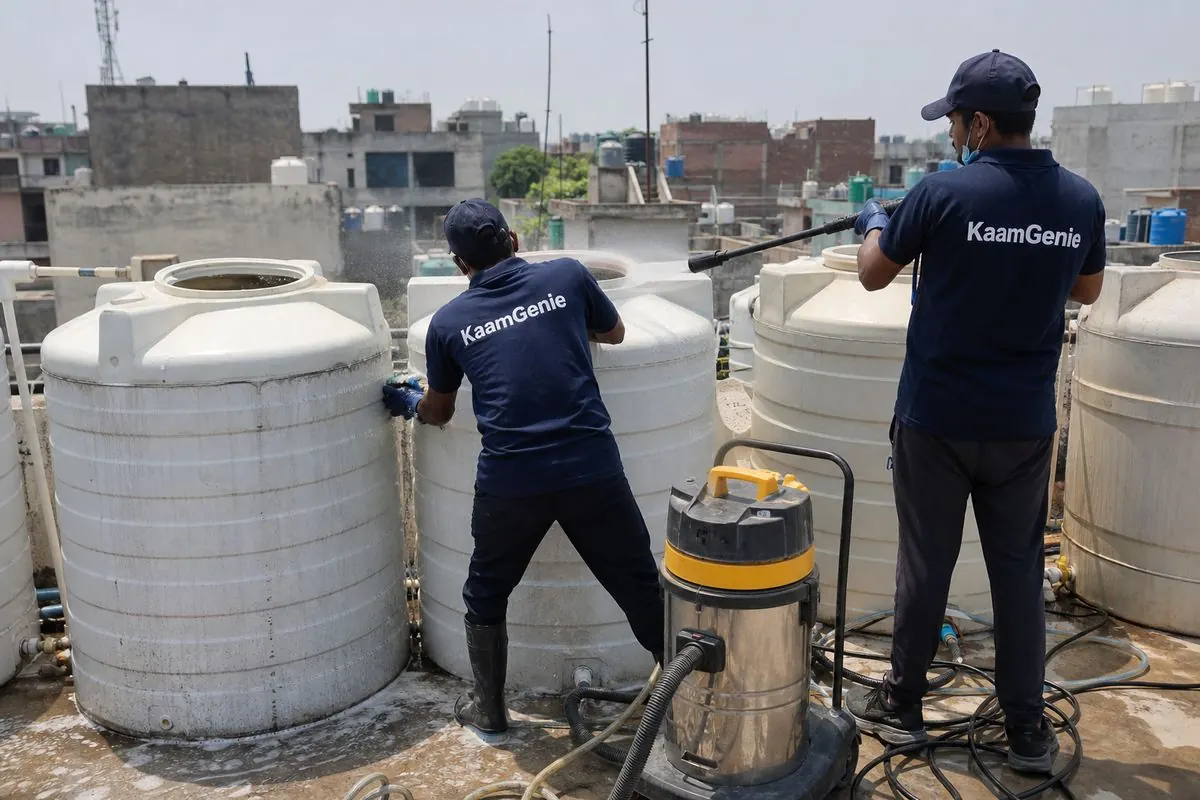KaamGenie crew cleaning a society water tank in Ibrahimpur, Delhi
