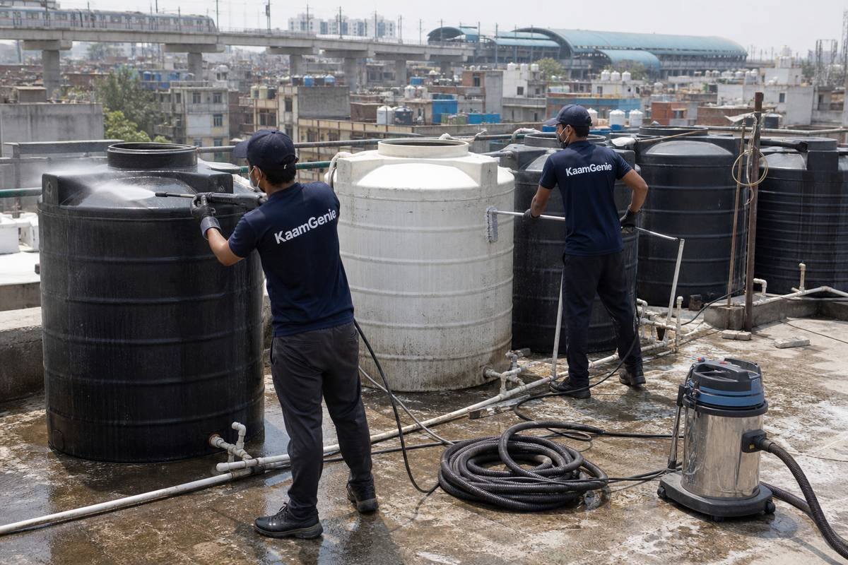 KaamGenie crew cleaning a society water tank in Inderlok, Delhi