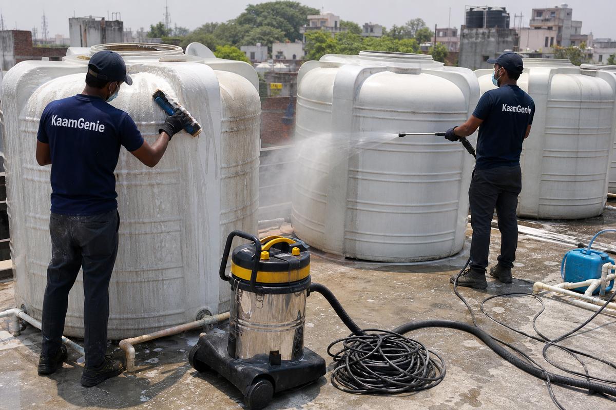 KaamGenie crew cleaning a society water tank in Inderpuri, Delhi