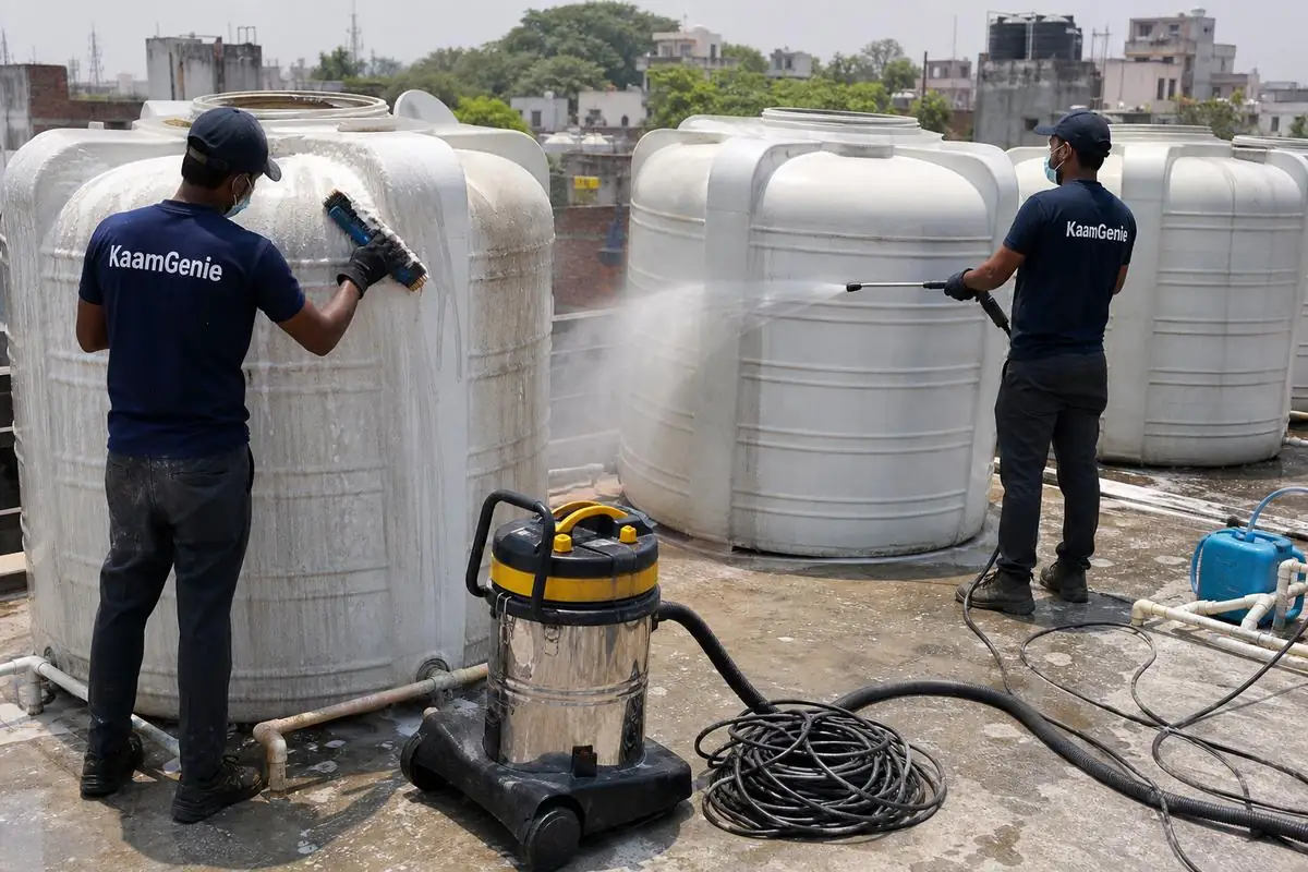 KaamGenie crew cleaning a society water tank in Inderpuri, Delhi