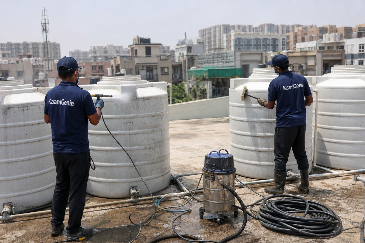 KaamGenie crew cleaning a society water tank in IP Extension, Delhi
