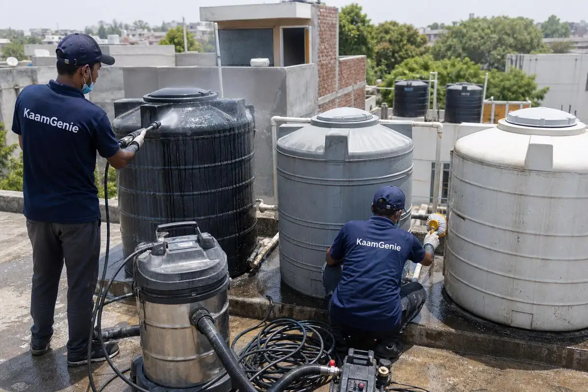 KaamGenie crew cleaning a society water tank in Ishwar Nagar, Delhi