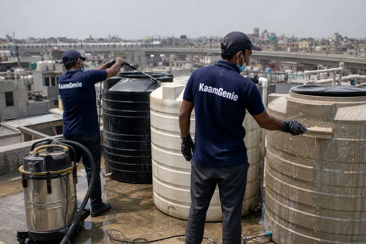 KaamGenie crew cleaning a society water tank in Jafrabad, Delhi