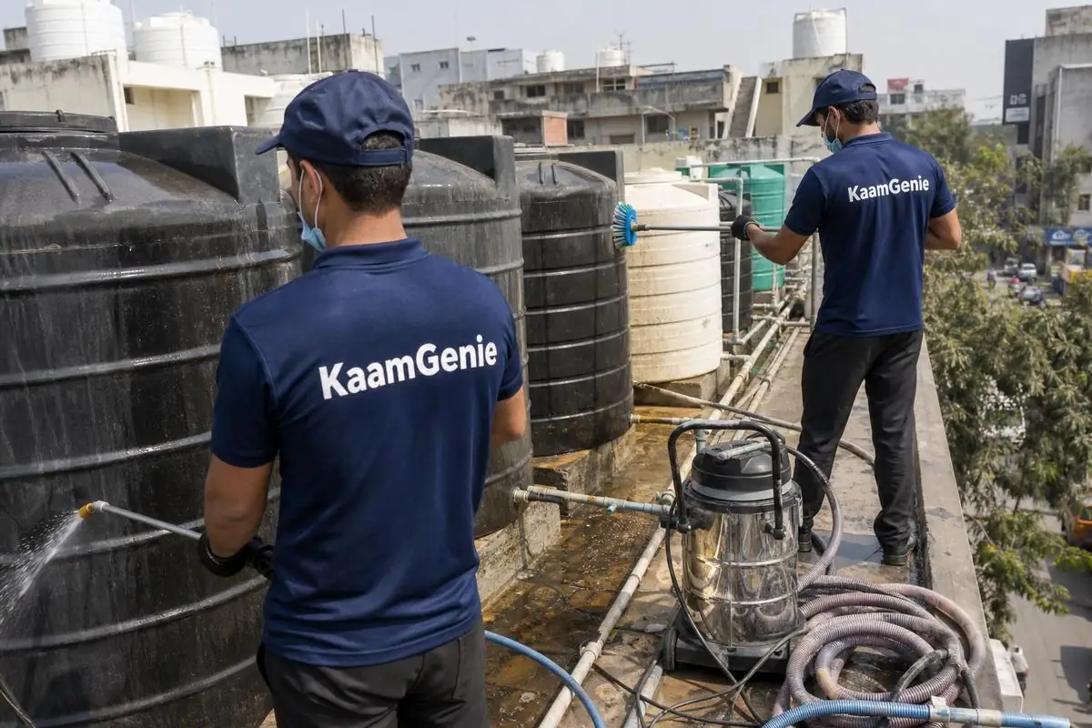 KaamGenie crew cleaning a society water tank in Jail Road, Delhi