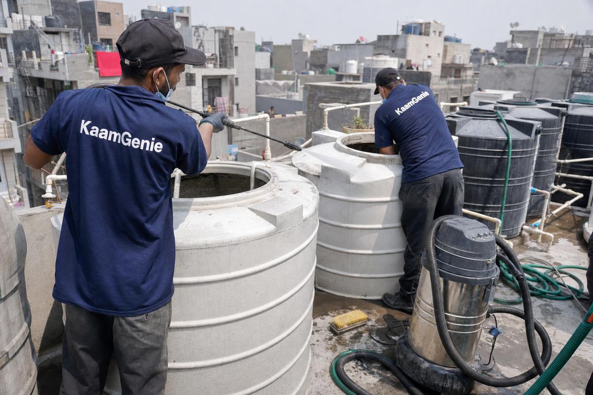 KaamGenie crew cleaning a society water tank in Jaitpur, Delhi