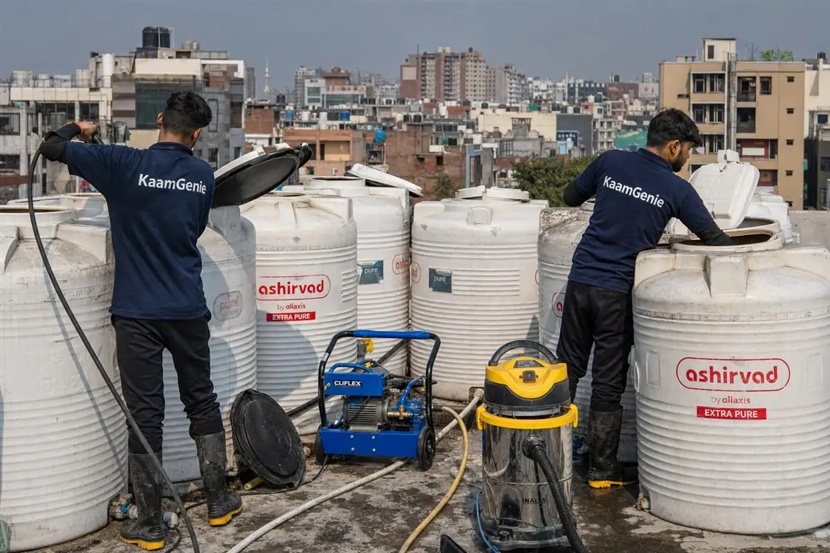 KaamGenie crew cleaning a society water tank in Jamia Nagar, Delhi
