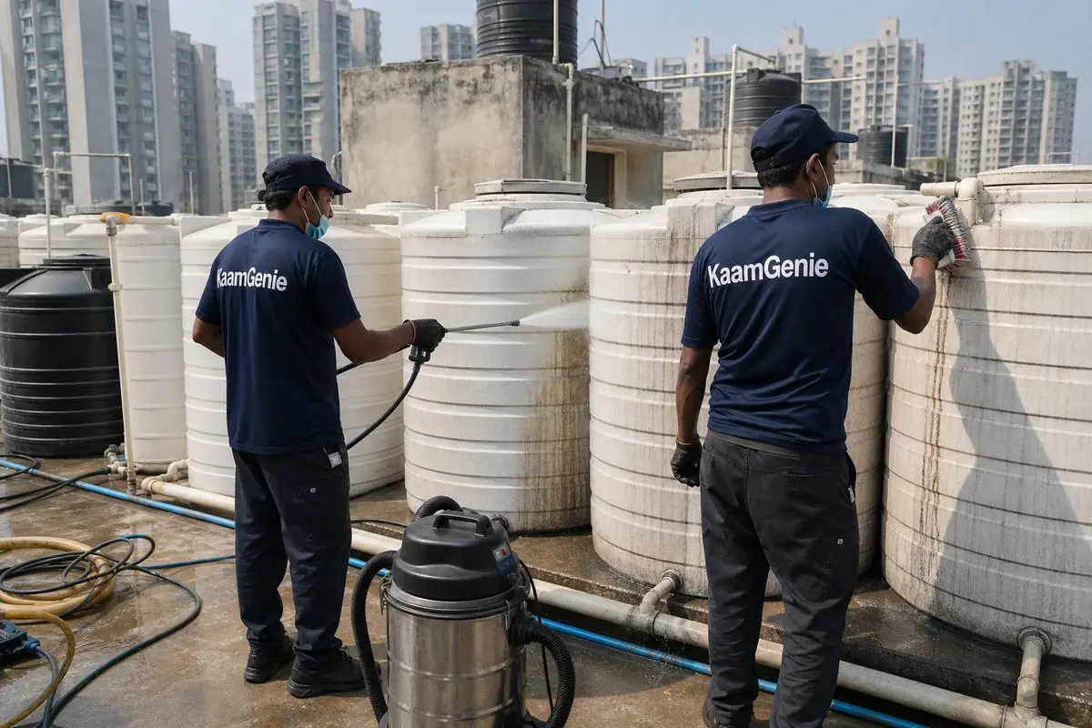 KaamGenie crew cleaning a society water tank in Janakpuri A Block, Delhi