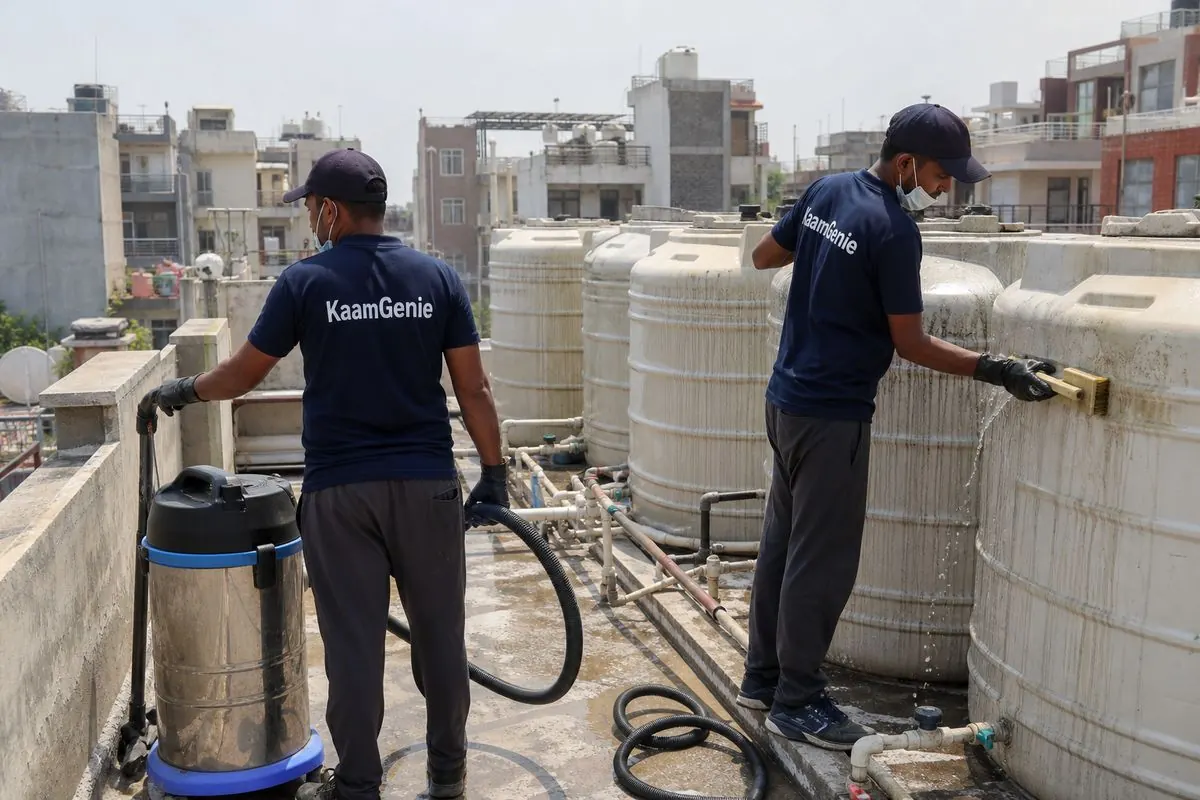 KaamGenie crew cleaning a society water tank in Janakpuri C Block, Delhi