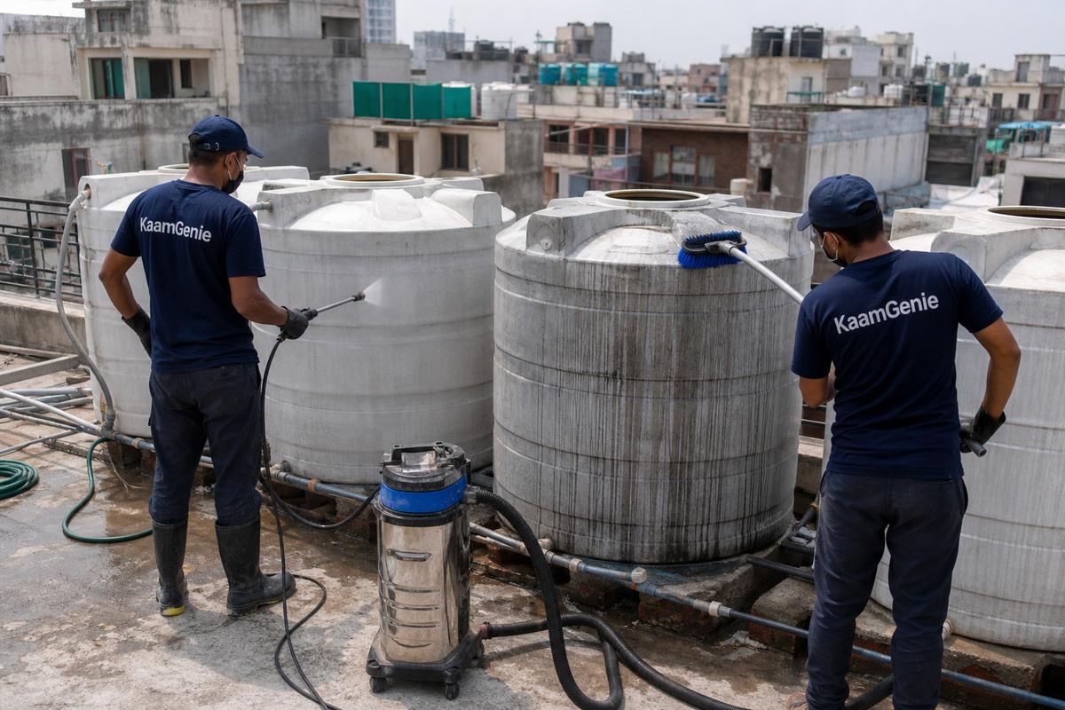 KaamGenie crew cleaning a society water tank in Jangpura, Delhi