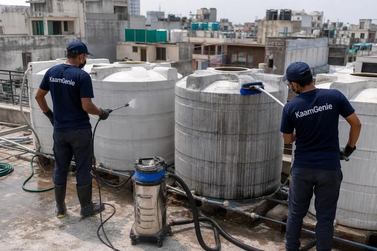 KaamGenie crew cleaning a society water tank in Jangpura, Delhi