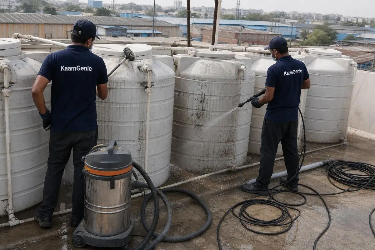 KaamGenie crew cleaning a society water tank in Jhilmil Tahirpur, Delhi