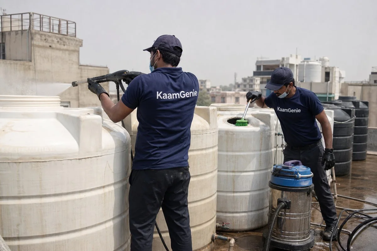 KaamGenie crew cleaning a society water tank in Johri Farm, Delhi