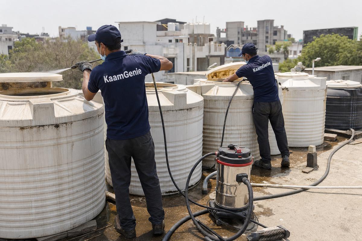 KaamGenie crew cleaning a society water tank in Jonapur, Delhi