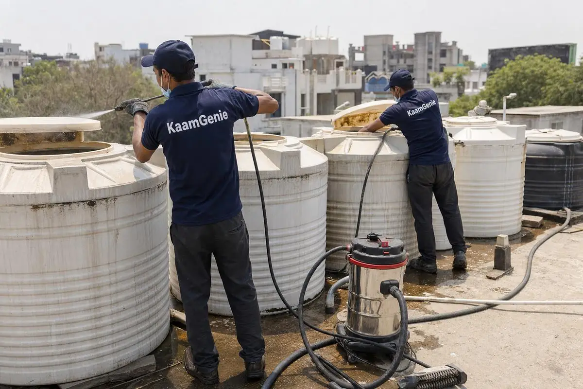 KaamGenie crew cleaning a society water tank in Jonapur, Delhi