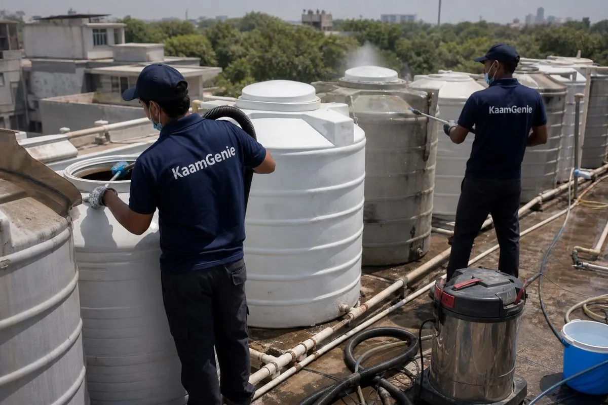 KaamGenie crew cleaning a society water tank in Jor Bagh, Delhi