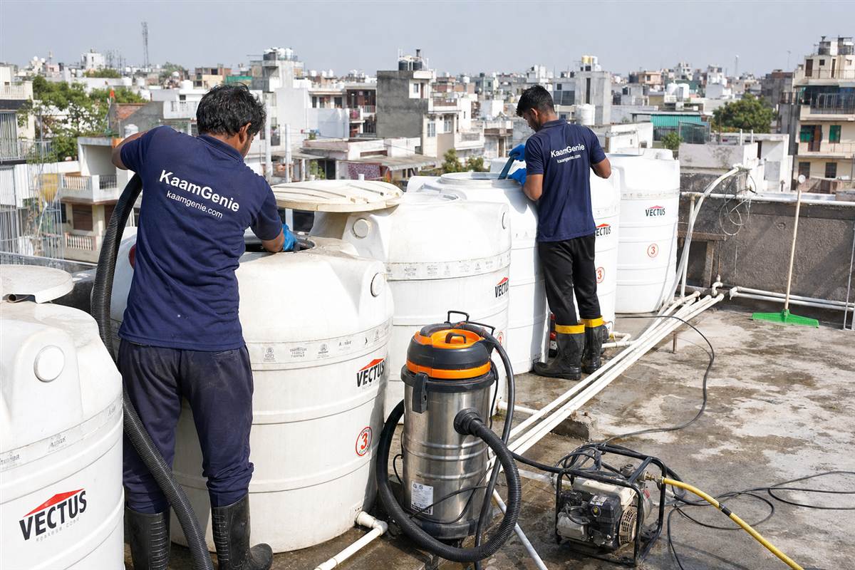 KaamGenie crew cleaning a society water tank in Jungpura, Delhi