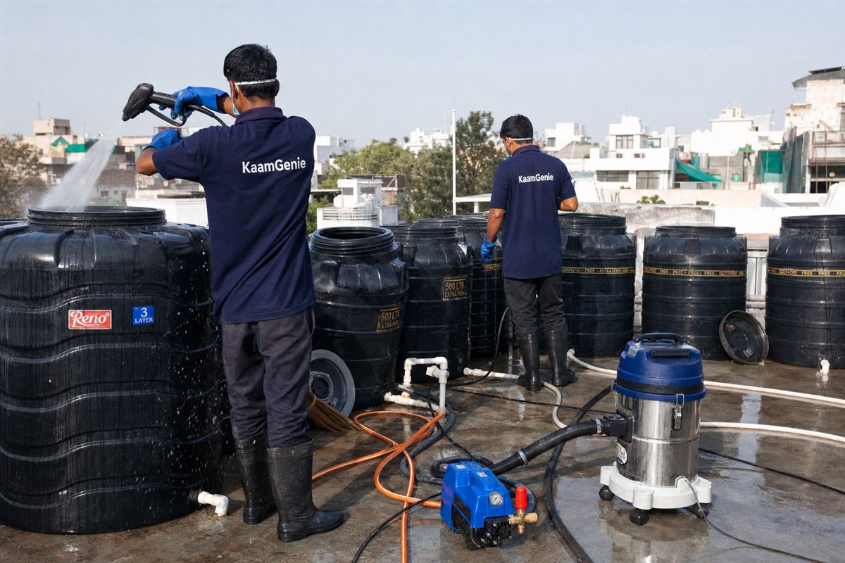 KaamGenie crew cleaning a society water tank in Kailash Colony, Delhi