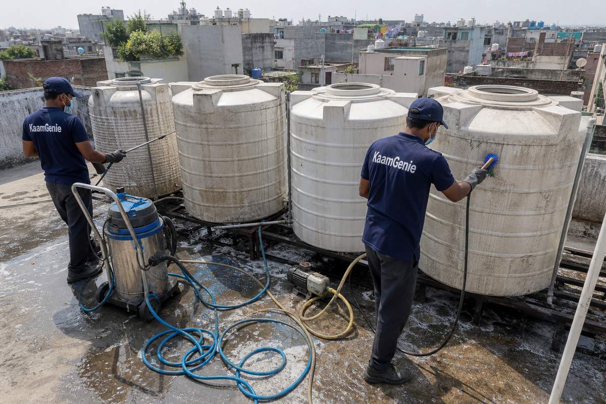 KaamGenie crew cleaning a society water tank in Kalyanpuri, Delhi