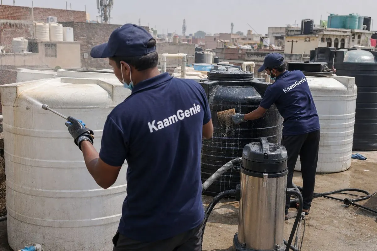KaamGenie crew cleaning a society water tank in Kamla Nagar, Delhi
