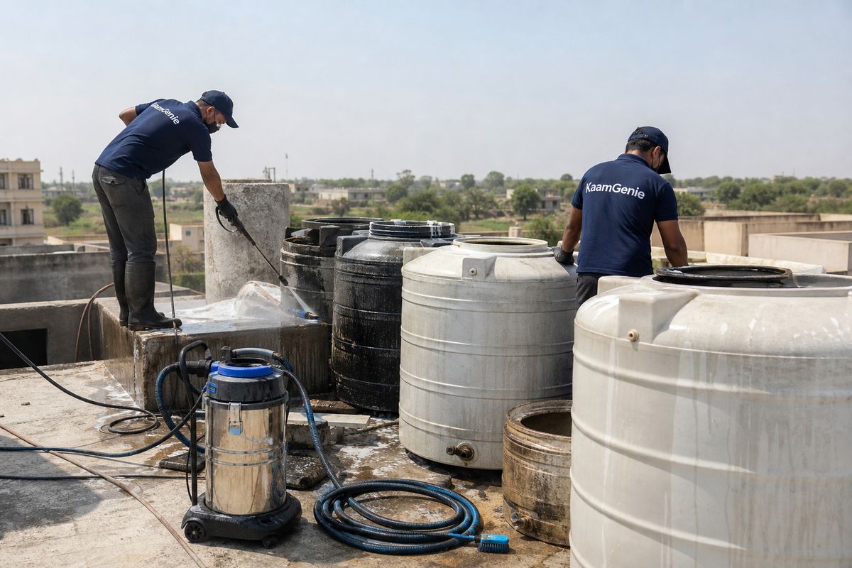 KaamGenie crew cleaning a society water tank in Kanjhawla, Delhi
