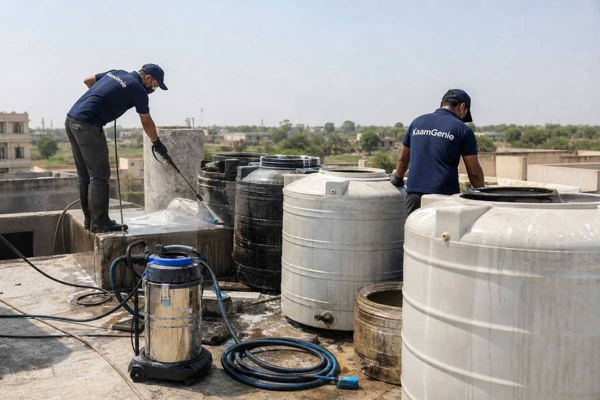 KaamGenie crew cleaning a society water tank in Kanjhawla, Delhi