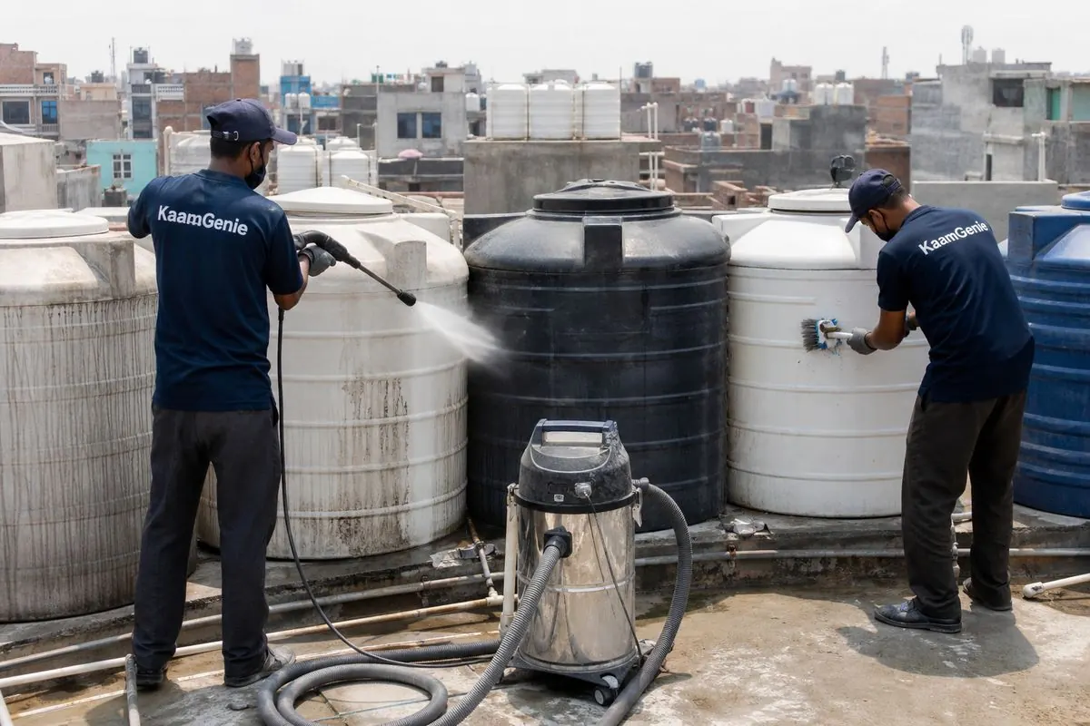KaamGenie crew cleaning a society water tank in Kardampuri, Delhi