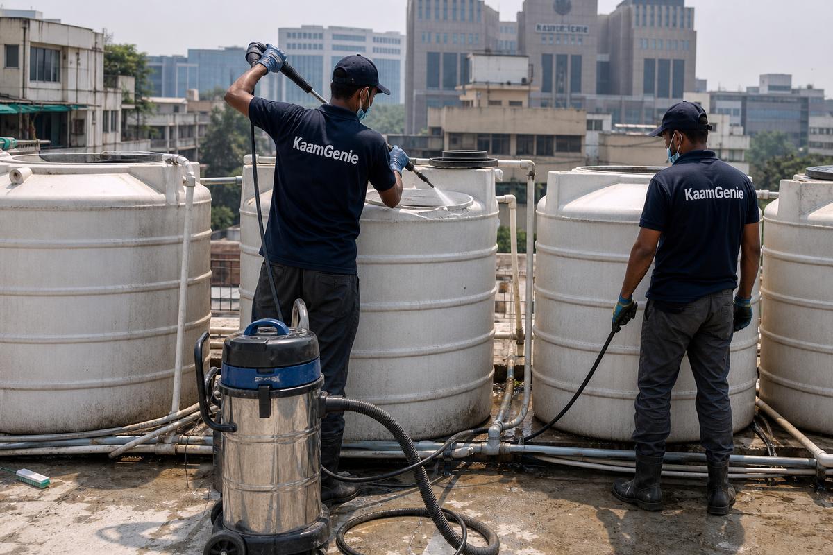 KaamGenie crew cleaning a society water tank in Karkardooma, Delhi