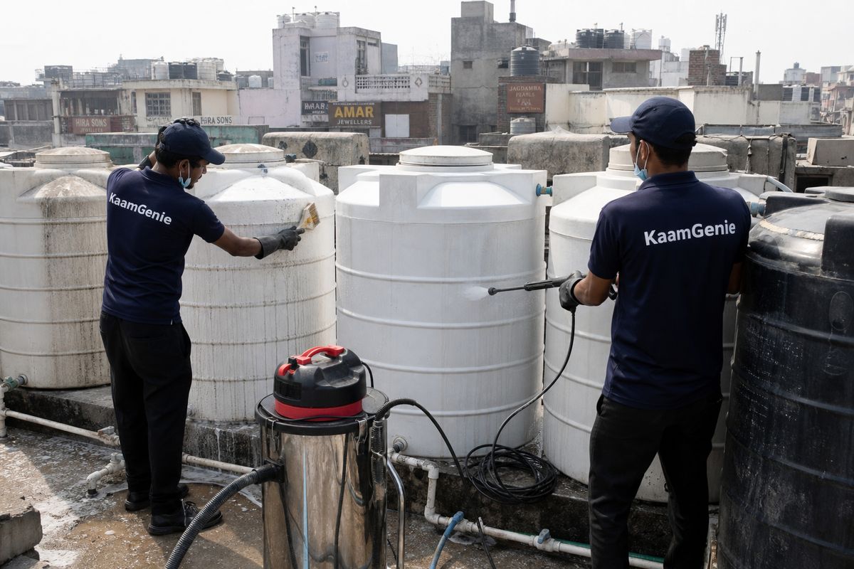 KaamGenie crew cleaning a society water tank in Karol Bagh, Delhi