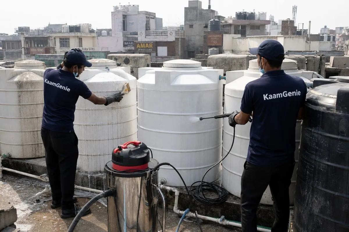 KaamGenie crew cleaning a society water tank in Karol Bagh, Delhi