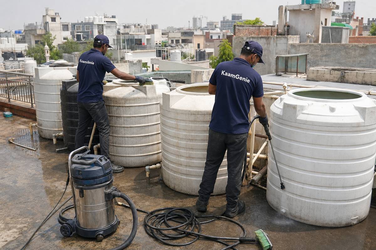 KaamGenie crew cleaning a society water tank in Kasturba Nagar, Delhi