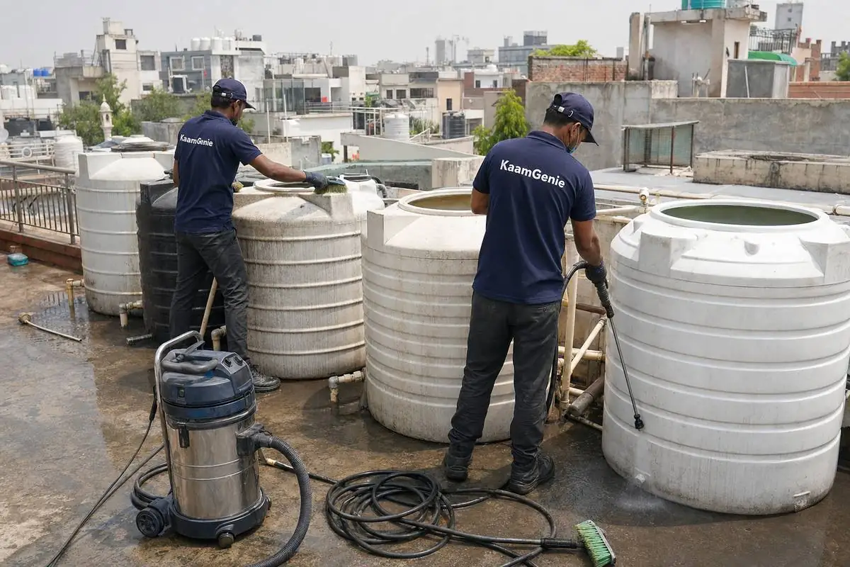 KaamGenie crew cleaning a society water tank in Kasturba Nagar, Delhi