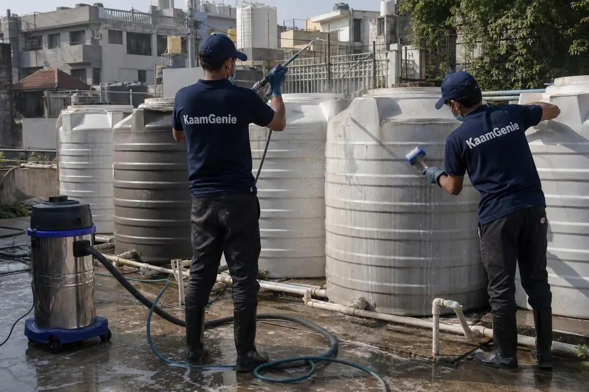KaamGenie crew cleaning a society water tank in Khan Market, Delhi