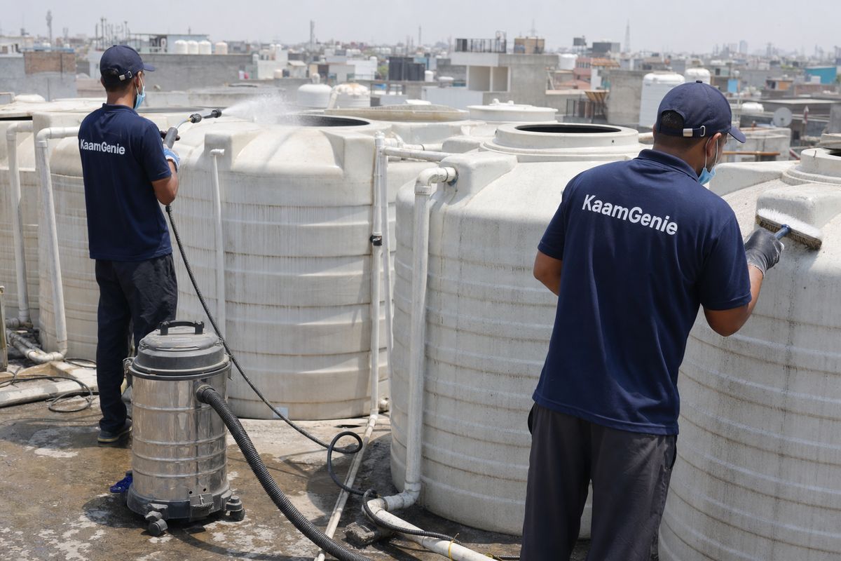 KaamGenie crew cleaning a society water tank in Khanpur, Delhi