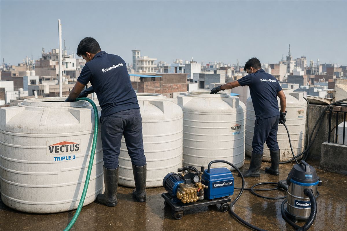 KaamGenie crew cleaning a society water tank in Khirki Extension, Delhi