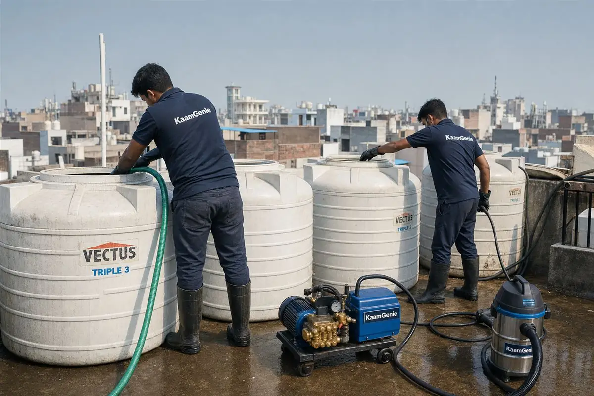 KaamGenie crew cleaning a society water tank in Khirki Extension, Delhi