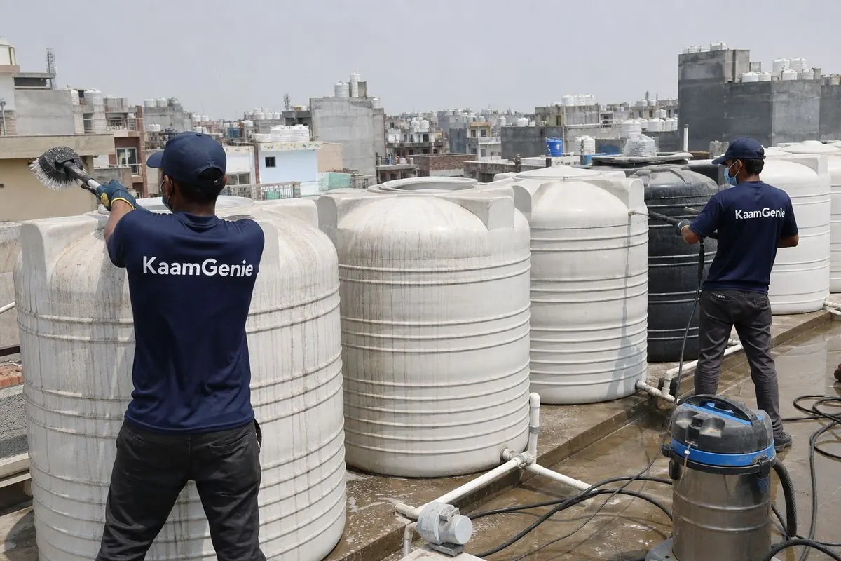 KaamGenie crew cleaning a society water tank in Khizrabad, Delhi