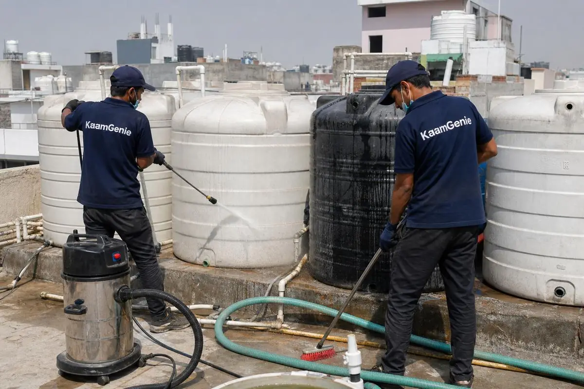 KaamGenie crew cleaning a society water tank in Khyala, Delhi