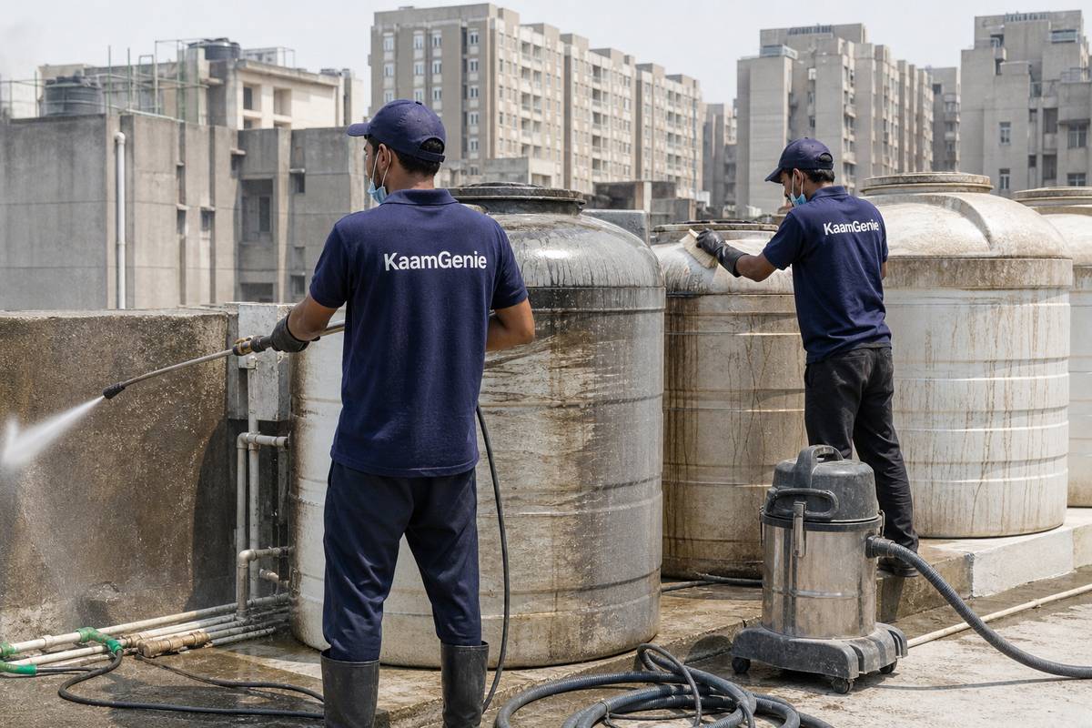 KaamGenie crew cleaning a society water tank in Kidwai Nagar, Delhi