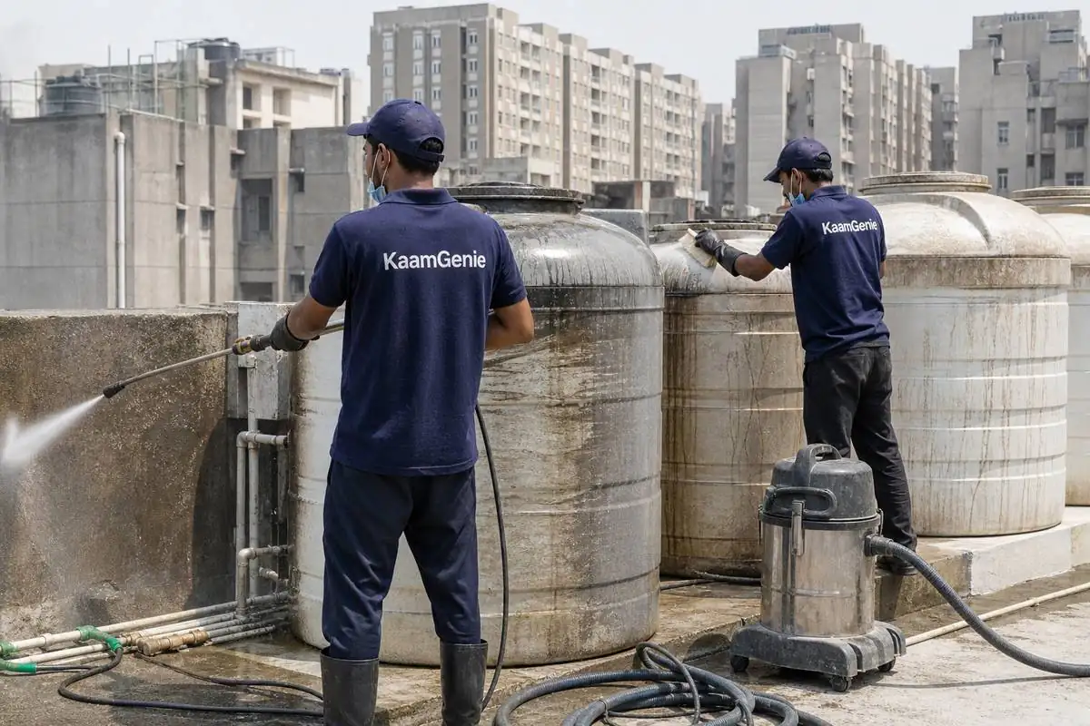 KaamGenie crew cleaning a society water tank in Kidwai Nagar, Delhi