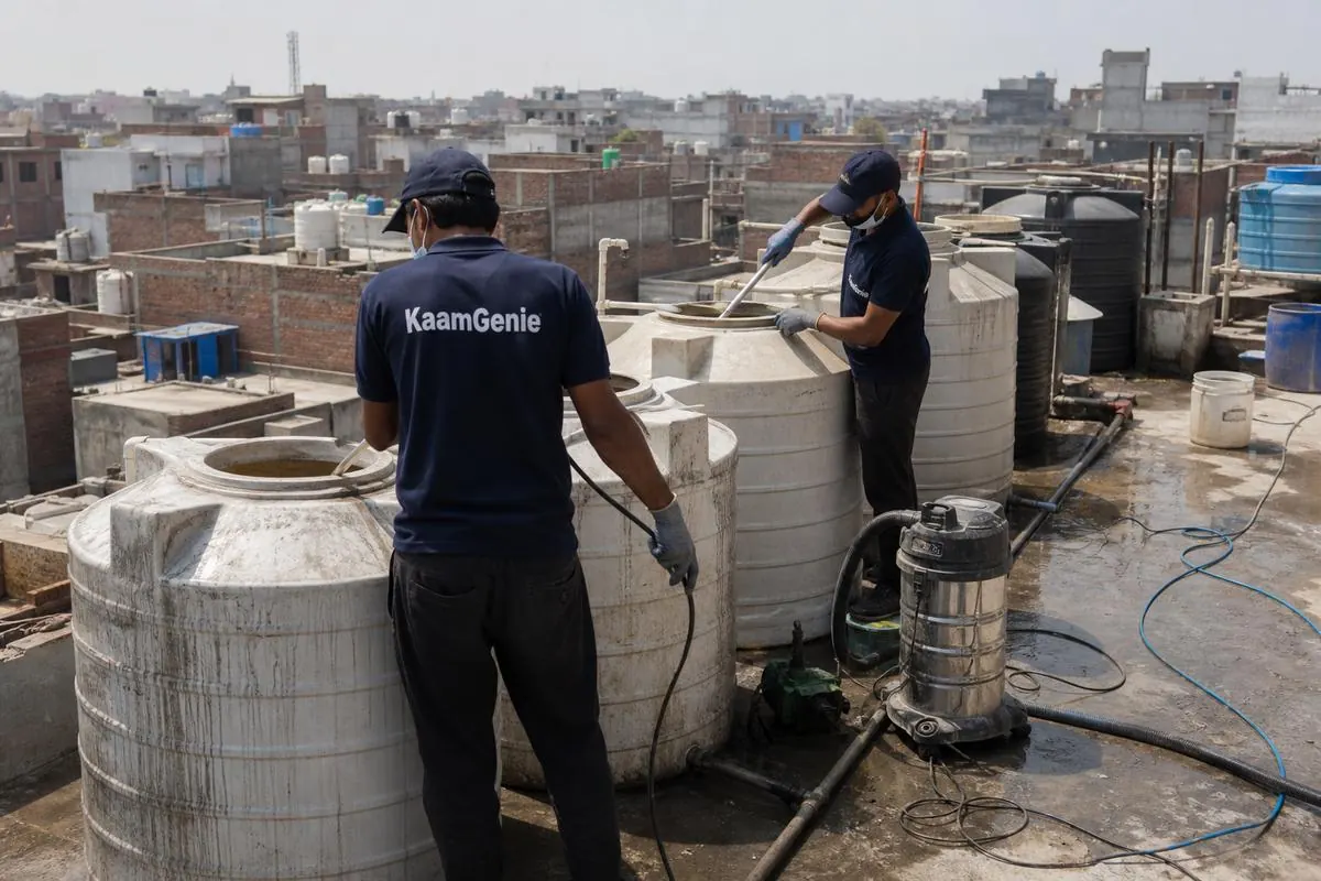 KaamGenie crew cleaning a society water tank in Kirari Suleman Nagar, Delhi