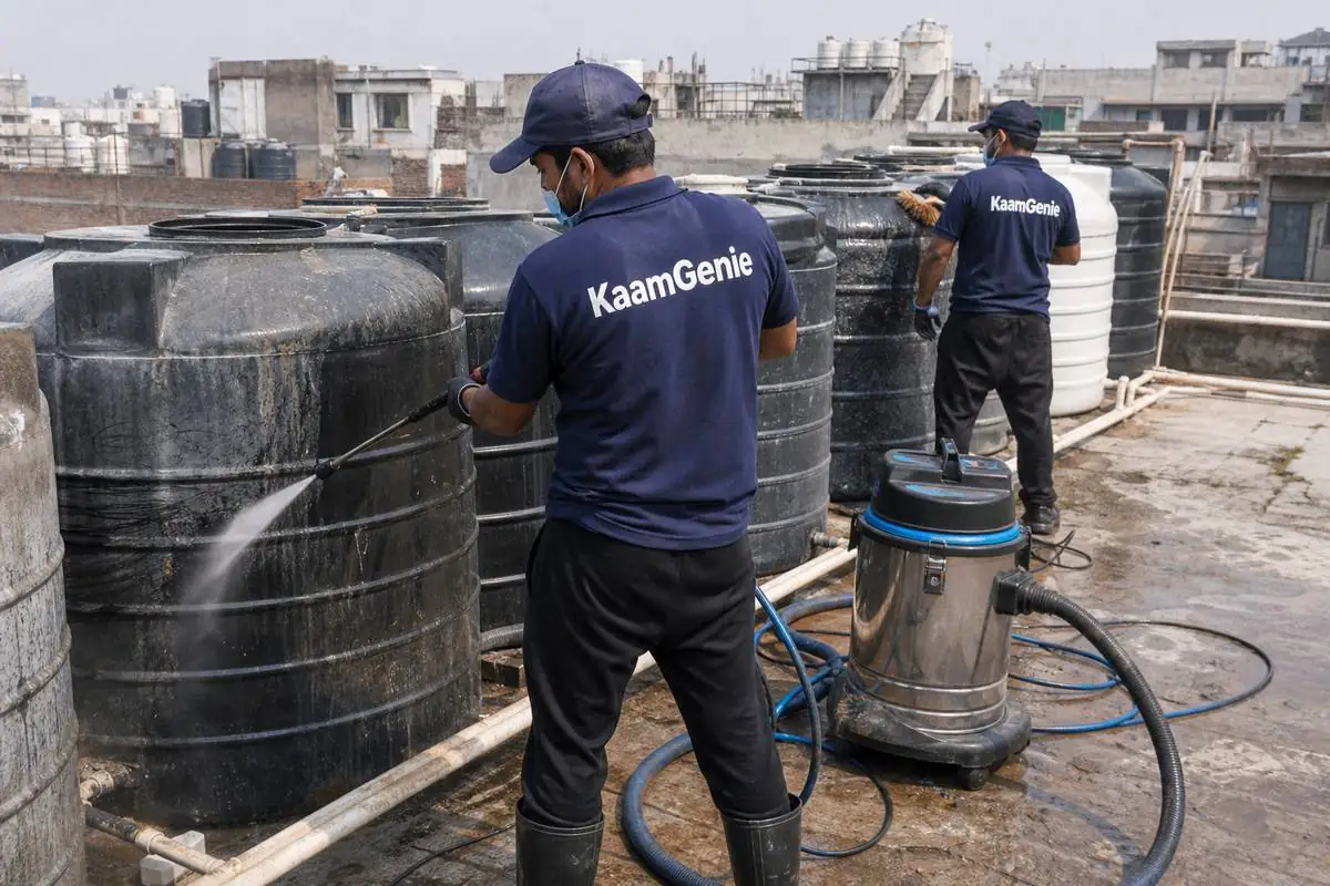 KaamGenie crew cleaning a society water tank in Kirti Nagar, Delhi