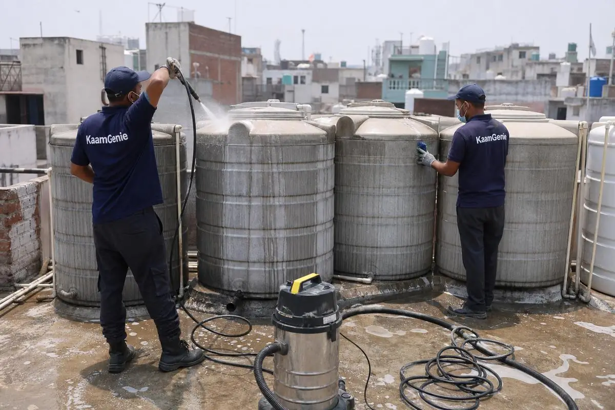 KaamGenie crew cleaning a society water tank in Kishan Ganj, Delhi