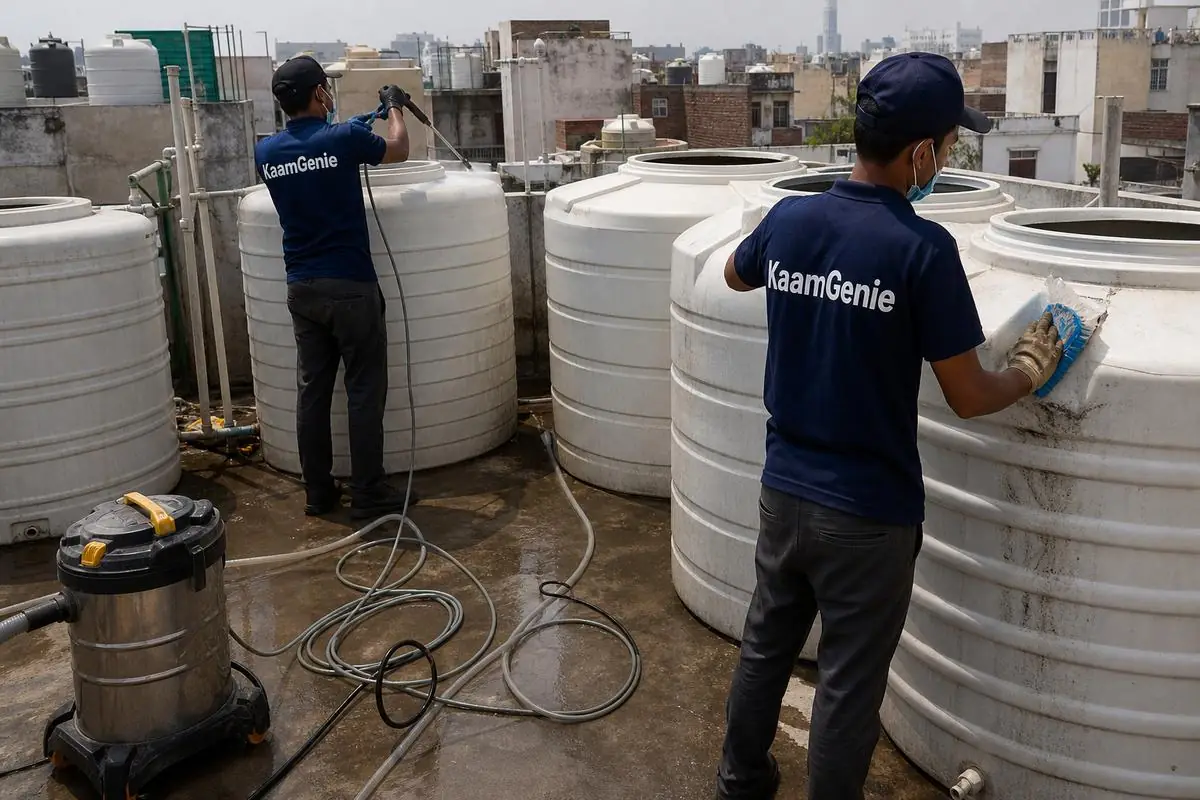 KaamGenie crew cleaning a society water tank in Krishna Nagar (Safdarjung), Delhi
