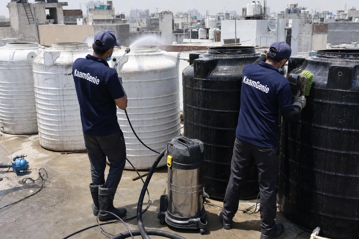 KaamGenie crew cleaning a society water tank in Lado Sarai, Delhi