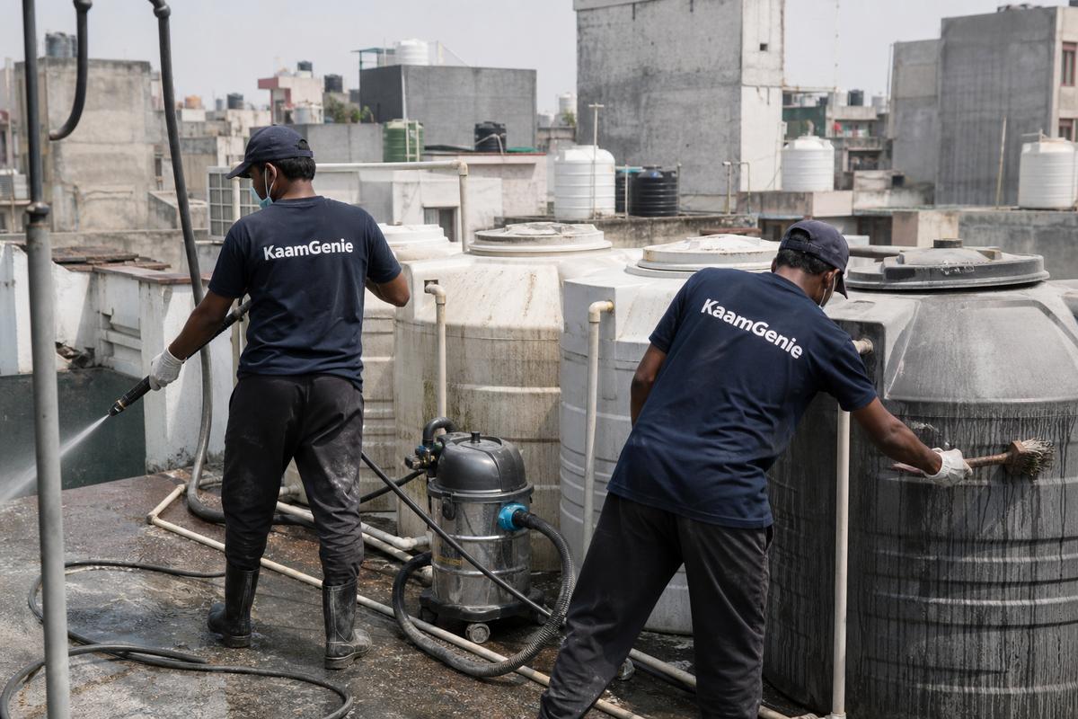 KaamGenie crew cleaning a society water tank in Lajpat Nagar 4, Delhi